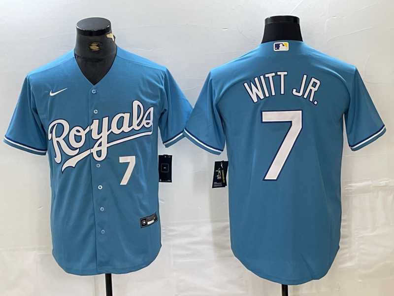 Men%27s Kansas City Royals #7 Bobby Witt Jr Number Light Blue Cool Base Stitched Jerseys